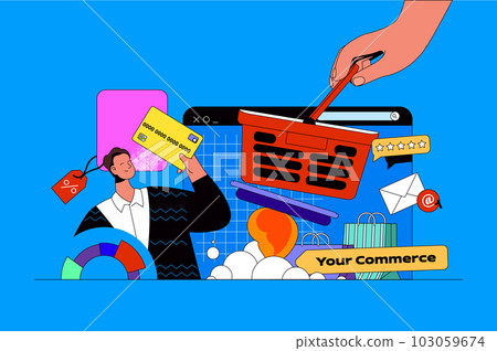 Electronic commerce web concept with character scene. Customer shopping, making online orders and paying for purchases. People situation in flat design. Vector illustration for marketing material. Electronic commerce web concept with character scene. Customer shopping, making online orders and paying for purchases. People situation in flat design. Vector illustration for marketing material. 103059674