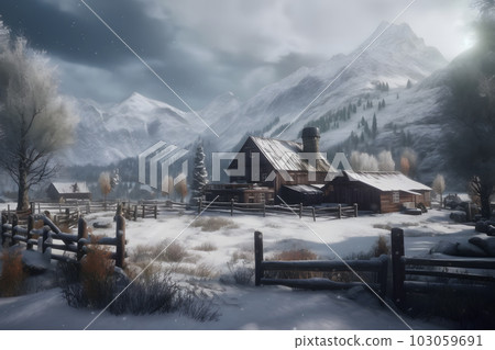 Winter landscape with village houses in the mountains. Neural network AI generated art Winter landscape with village houses in the mountains. Neural network AI generated art 103059691