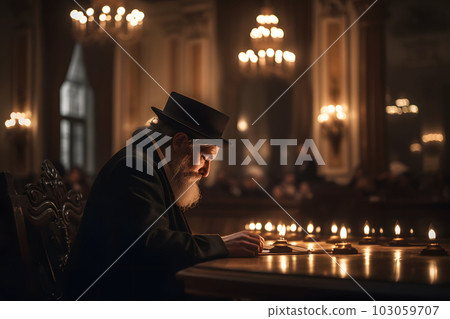 Orthodox Jew reads prayers in the temple. Neural network AI generated art 103059707