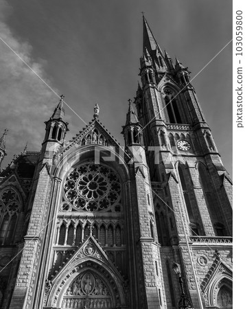 Catholic Cathedral in Ireland, Gothic style. The Cathedral Church of St Colman known as Cobh Cathedral, or Queenstown Cathedral, single-spire cathedral. Roman Catholic cathedral. Black and white 103059800