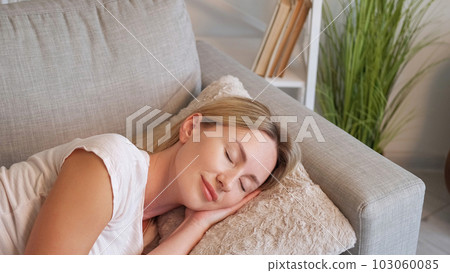 Home nap. Lazy weekend. Healthy rest. Satisfied relaxed pleased woman enjoying sleeping lying with closed eyes on sofa in domestic interior. Home nap. Lazy weekend. Healthy rest. Satisfied relaxed pleased woman enjoying sleeping lying with closed eyes on sofa in domestic interior. 103060085