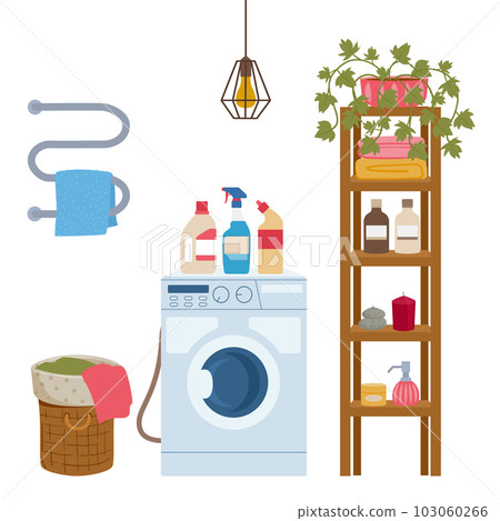 Bathroom interior. Decorated washroom, modern bathroom interior with washing machine flat vector background illustration 103060266
