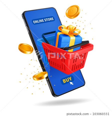 Shopping Basket, Gifts and Coins Flying Out From Smartphone 3d Illustration 103060331