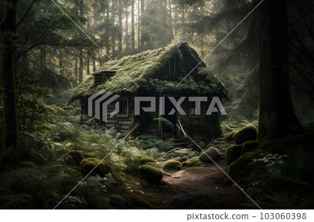 Abandoned cabin in the forest. Neural network AI generated art 103060398