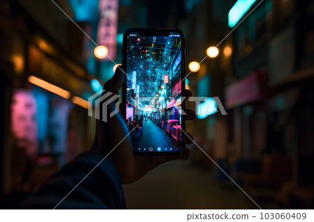 A hand with a phone takes pictures of a Japanese city. Neural network AI generated art 103060409