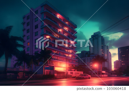 neon city synthwave retrowave style. Neural network AI generated art 103060418