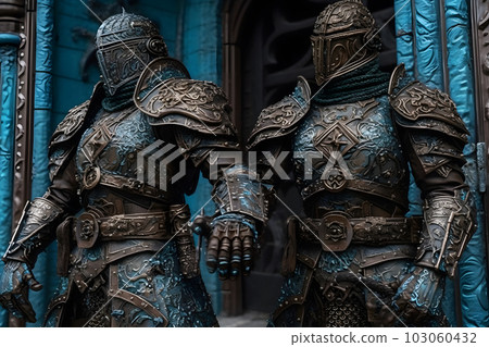 Knights in armor at the castle. Medieval warrior. Neural network AI generated art Knights in armor at the castle. Medieval warrior. Neural network AI generated art 103060432