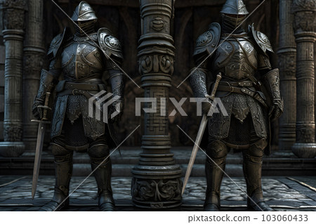 Knights in armor at the castle. Medieval warrior. Neural network AI generated art Knights in armor at the castle. Medieval warrior. Neural network AI generated art 103060433