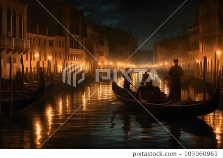 Nice street view of Venice gondoliers at night. Neural network AI generated art 103060961