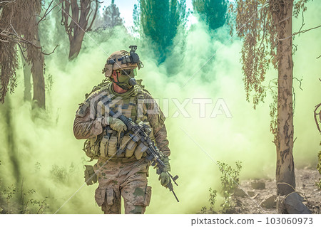 Fully equipped soldier in a camouflage uniform emerging from a puff of smoke in the middle of a pine forest. Neural network AI generated art 103060973