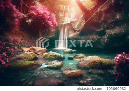 Beautiful fairytale landscape with a waterfall. Neural network AI generated art Beautiful fairytale landscape with a waterfall. Neural network AI generated art 103060982