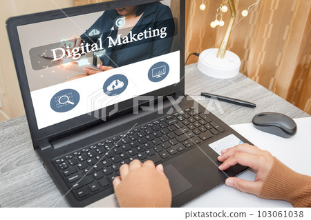 woman use computer digital marketing strategy planning at working space.social media online content, freelance worker, working online, content creator, woman using laptop. 103061038
