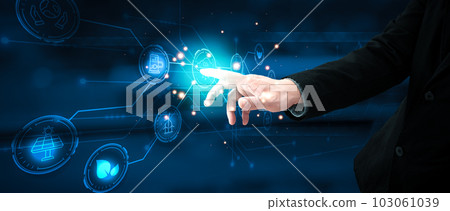 hand touch hologram screen to save energy,and reduce global warming,sustainable business investments,carbon credit,reducing greenhouse gas emissions,ESG for Environment Social and Governance. 103061039