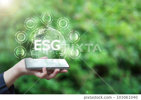hand hold smartphone use app to save energy,and reduce global warming,idea for environment conscious business,carbon credit,reducing greenhouse gas emissions,ESG for Environment Social and Governance 103061040