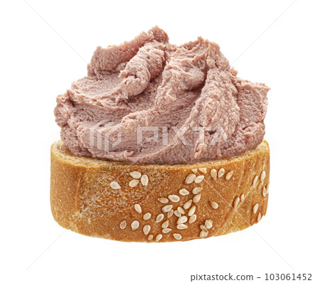 Bruschetta with liver pate isolated on white background Bruschetta with liver pate isolated on white background 103061452