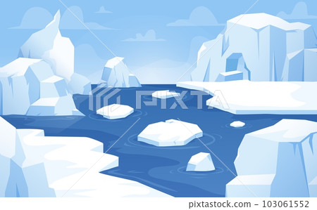 Cartoon arctic background, floating icebergs antarctica landscape. Beautiful sea or ocean, glaciers and ice mountains. North snugly vector scene 103061552