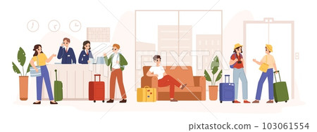 Hotel reception, help desk or lobby. Businessman and travellers in hall, check in and check out. Managers at desk, visitors with luggage snugly vector scene 103061554