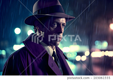Detective in the rain in the night city. Neural network AI generated art 103061555