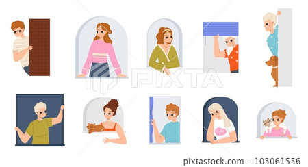 Peeping teenagers, cartoon people hiding with pets. Curious young adults, happy joyful person search or spy. Snugly spying vector characters 103061556