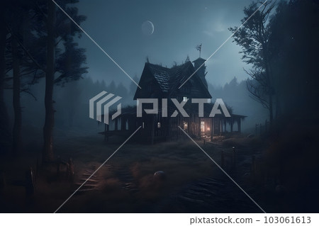 Witch next to a gloomy witch house. Neural network AI generated art Witch next to a gloomy witch house. Neural network AI generated art 103061613