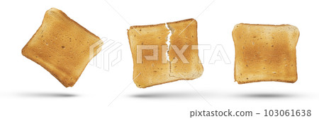 A set of golden slices of bread from a medium rare toaster on a white isolated background. Slices of bread for diet breakfast or sandwiches. 103061638