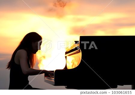 Girl playing the piano next to the fire. Neural network AI generated art 103061655