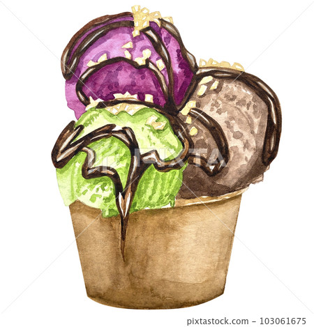 watercolor hand-painted ice cream cone and balls cup frozen gelato of green pink yellow colors ice cream in chocolate with chocolate glaze clip art set for print scrapbooking pattern watercolor hand-painted ice cream cone and balls cup frozen gelato of green pink yellow colors ice cream in chocolate with chocolate glaze clip art set for print scrapbooking pattern 103061675