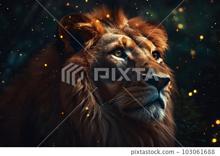 Close-up of lion, Panthera leo in front of black background. Neural network AI generated art Close-up of lion, Panthera leo in front of black background. Neural network AI generated art 103061688