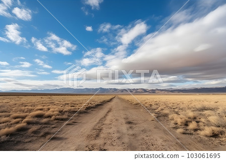 Panorama of the road through the canyon desert. Red rock canyon desert road. Neural network AI generated art Panorama of the road through the canyon desert. Red rock canyon desert road. Neural network AI generated art 103061695