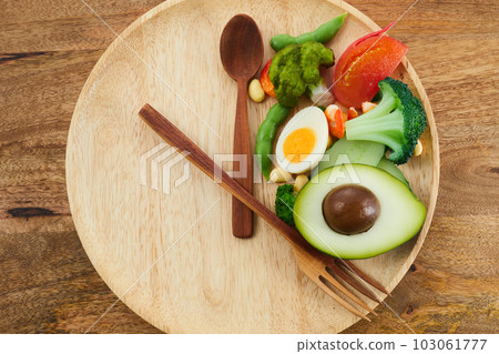 Intermittent fasting. Healthy breakfast, diet food concept. Organic meal. Fat loss concept. Intermittent fasting. Healthy breakfast, diet food concept. Organic meal. Fat loss concept. 103061777