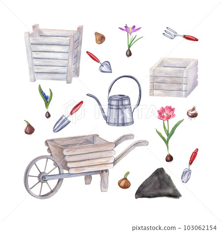 Watercolor garden tools, flower bulbs, pink double tulip, crocus, scilla isolated on white background. Illustration of watering can, wooden pots, wheelbarrow, hand trowels, fork, flowers, soil Watercolor garden tools, flower bulbs, pink double tulip, crocus, scilla isolated on white background. Illustration of watering can, wooden pots, wheelbarrow, hand trowels, fork, flowers, soil 103062154