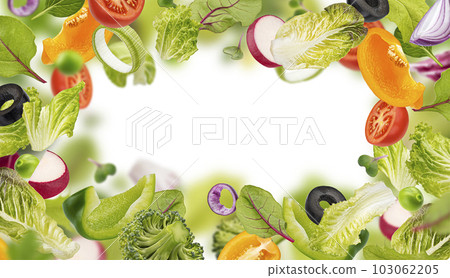 Fresh salad leaves, mix of cut vegetables, frame of healthy food ingredients Fresh salad leaves, mix of cut vegetables, frame of healthy food ingredients 103062205