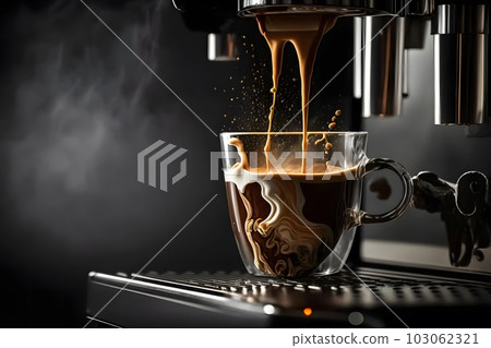 Coffee made in professional espresso machine pouring into a cup. Neural network AI generated art 103062321