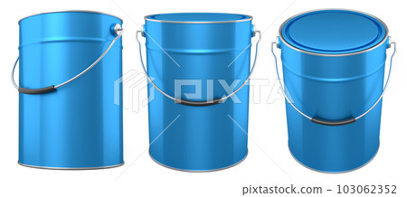 Set of metal cans or buckets of paint with handle on white background. 103062352