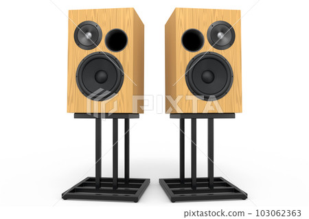 Hi-fi speakers with loudspeakers on stand on white background. 103062363