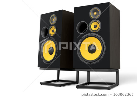 Hi-fi speakers with loudspeakers on stand on white background. 103062365