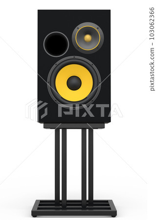 Hi-fi speakers with loudspeakers on stand on white background. 103062366