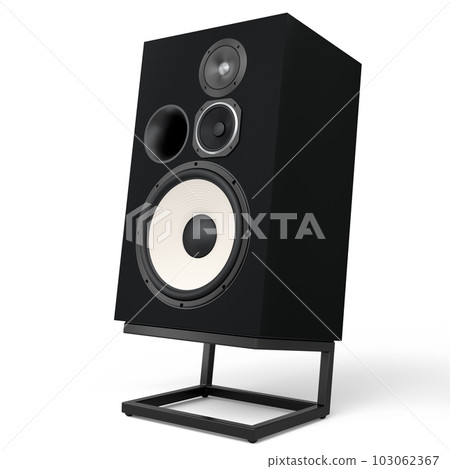 Hi-fi speakers with loudspeakers on stand on white background. 103062367
