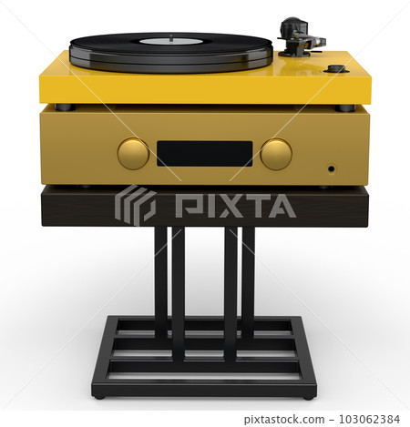 HiFi system with DJ turntable and amplifier on stand for home theater on white. 103062384