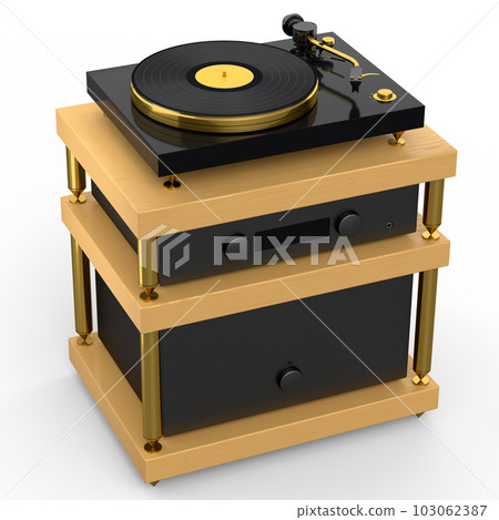 HiFi system with DJ turntable and amplifier on stand for home theater on white. 103062387