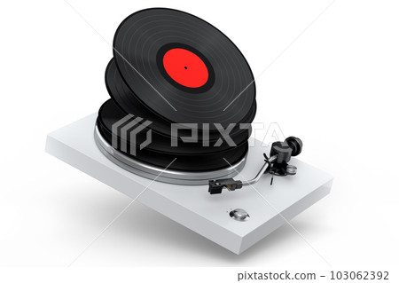Vinyl record player or DJ turntable with flying vinyl plate on white background. Vinyl record player or DJ turntable with flying vinyl plate on white background. 103062392