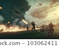 Vietnam war with helicopters and explosions. Neural network AI generated art 103062411