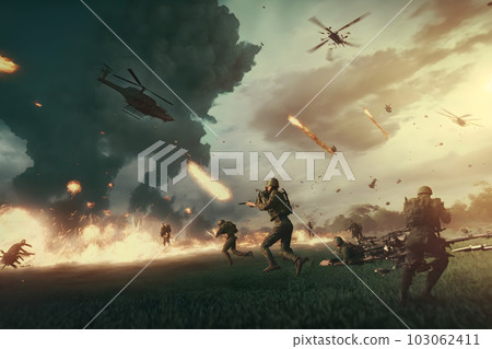 Vietnam war with helicopters and explosions. Neural network AI generated art 103062411