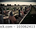 American flag waving next to a grave at the American Cemetery and Memorial. Neural network AI generated art 103062413