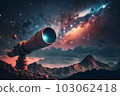 Infinite space background with silhouette of telescope. Neural network AI generated art 103062418