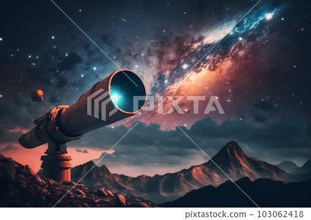 Infinite space background with silhouette of telescope. Neural network AI generated art 103062418