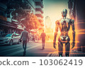 Robot on the street of the city among the people. Concept of the future. Neural network AI generated art 103062419