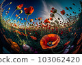 Landscape with nice sunset over poppy field - panorama. Neural network AI generated art 103062420