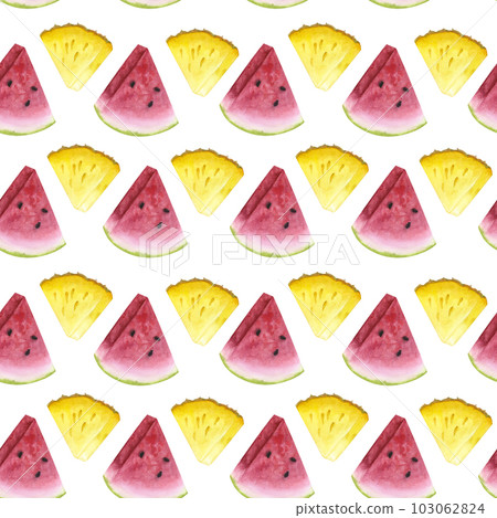 Watermelon pineapple. Seamless endless pattern. Pink red yellow slice fresh. Hand drawn watercolor illustration isolated on white background. Design element for bar, restaurant menu 103062824
