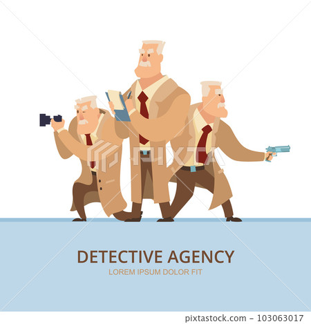 Detective agency poster. secret police officer or spy cartoon characters. Vector placard template 103063017